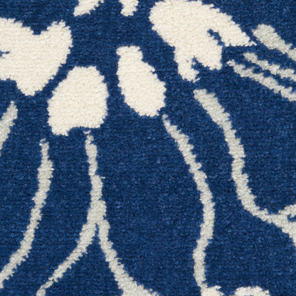 8' Blue And Ivory Floral Power Loom Runner Rug