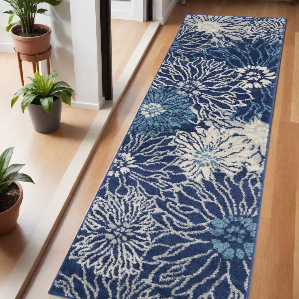 8' X 10' Blue And Ivory Floral Area Rug