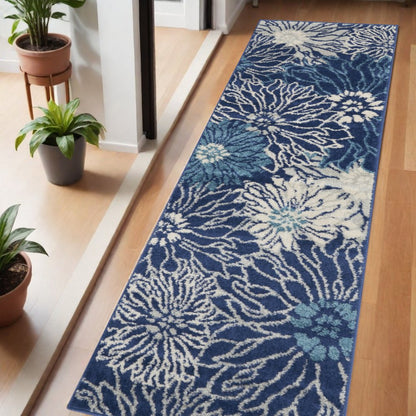 8' X 10' Blue And Ivory Floral Area Rug