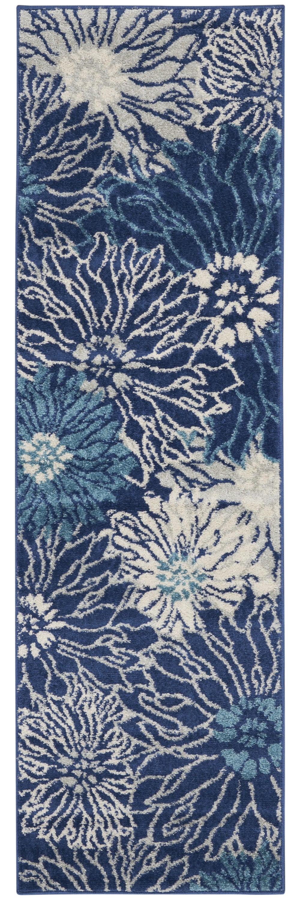 8' Blue And Ivory Floral Power Loom Runner Rug