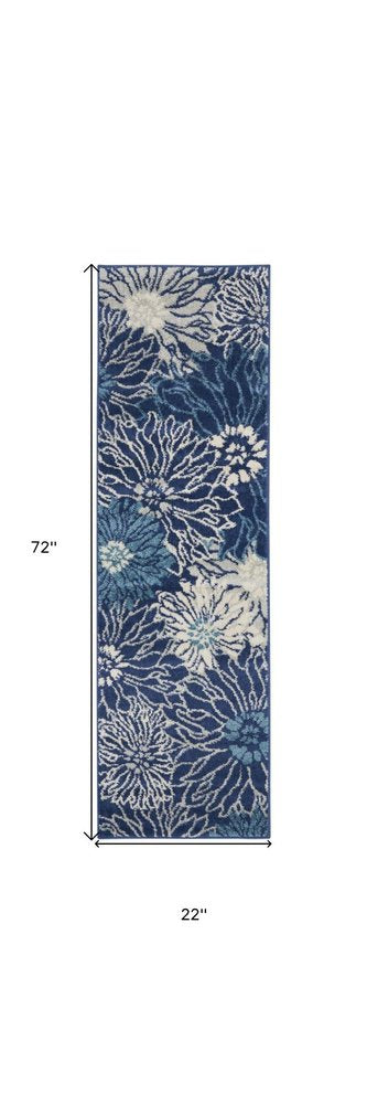 5' X 7' Blue And Ivory Floral Area Rug