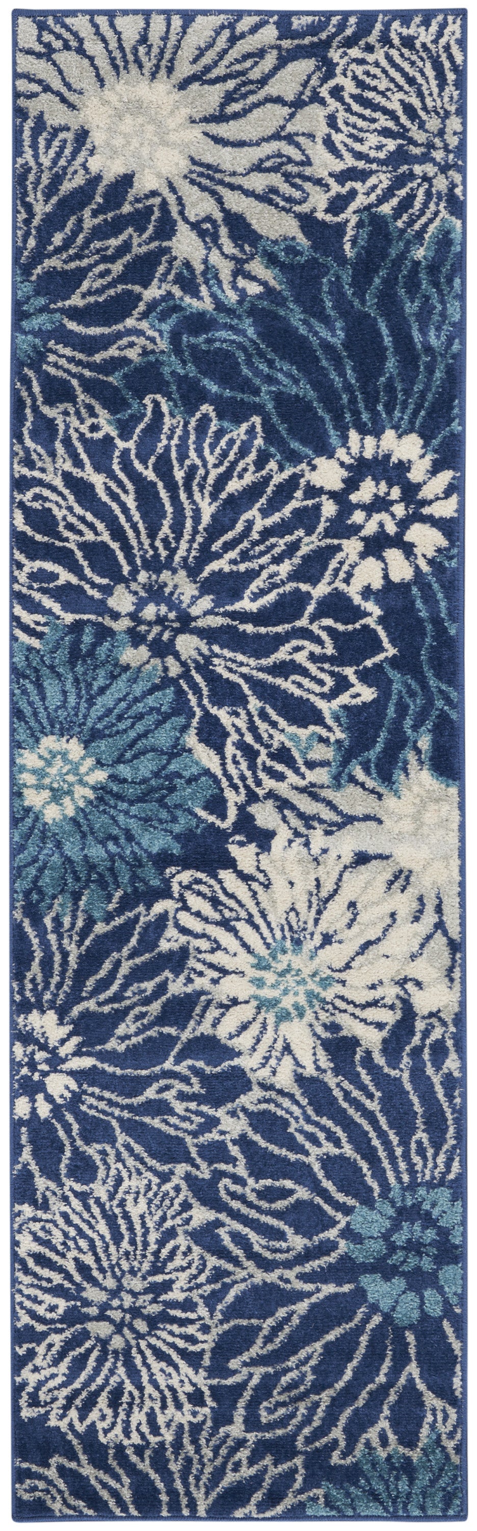 8' Blue And Ivory Floral Power Loom Runner Rug