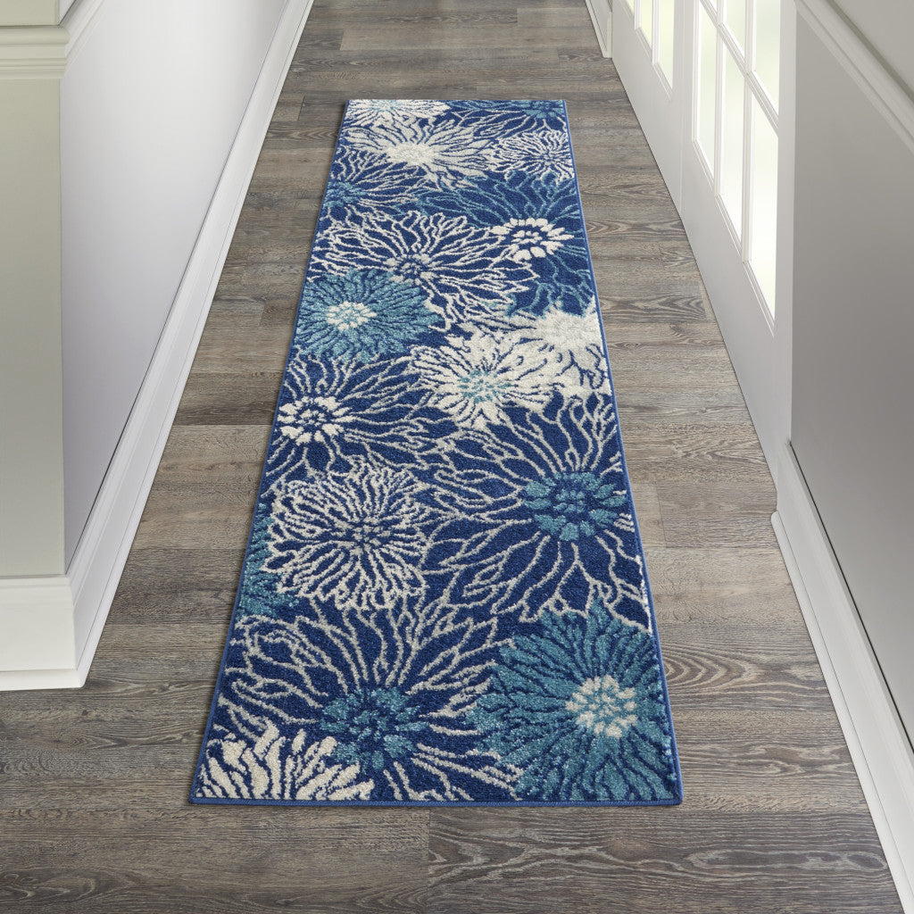 8' Blue And Ivory Floral Power Loom Runner Rug