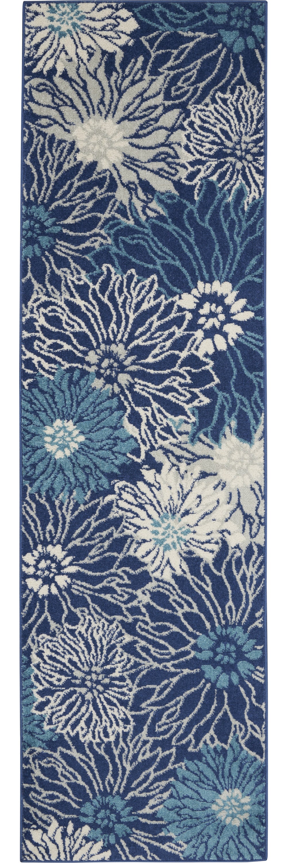 8' Blue And Ivory Floral Power Loom Runner Rug