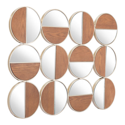 Set of Twelve Gold and Walnut Round Steel Framed Accent Mirror