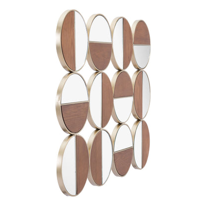 Set of Twelve Gold and Walnut Round Steel Framed Accent Mirror