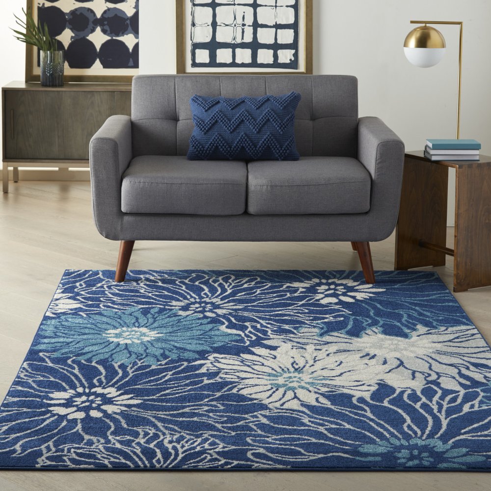 4' X 6' Blue And Ivory Floral Area Rug