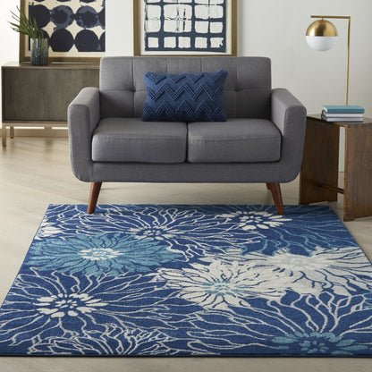 4' X 6' Blue And Ivory Floral Area Rug