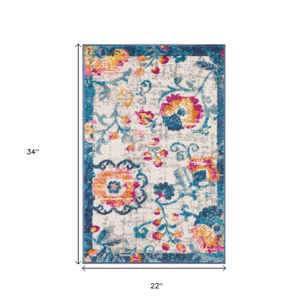 8' Ivory And Blue Floral Runner Rug