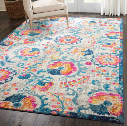 5' X 7' Ivory And Blue Floral Area Rug