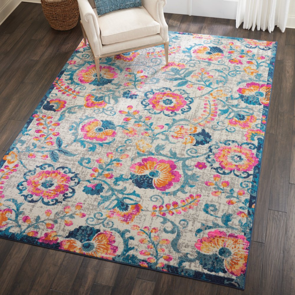 5' X 7' Ivory And Blue Floral Area Rug