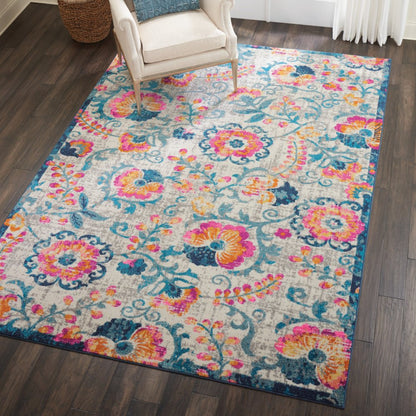 5' X 7' Ivory And Blue Floral Area Rug