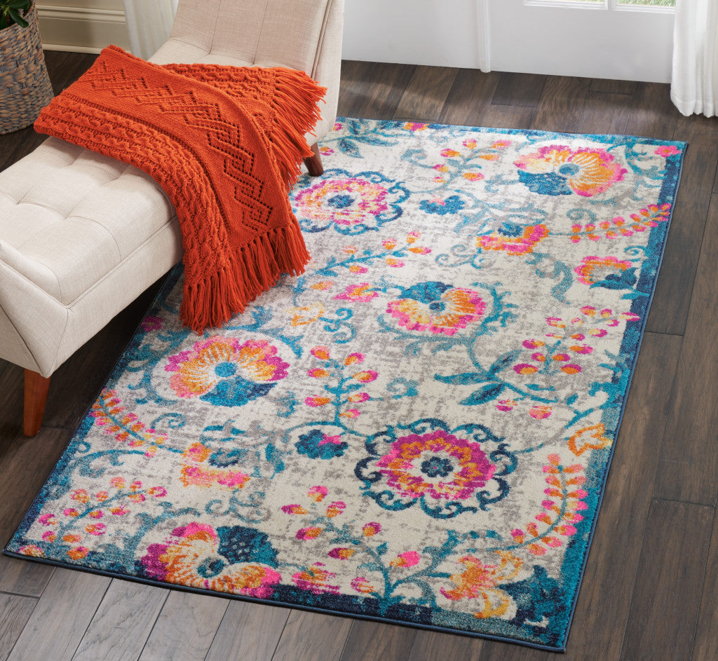 2' X 3' Ivory Floral Power Loom Area Rug