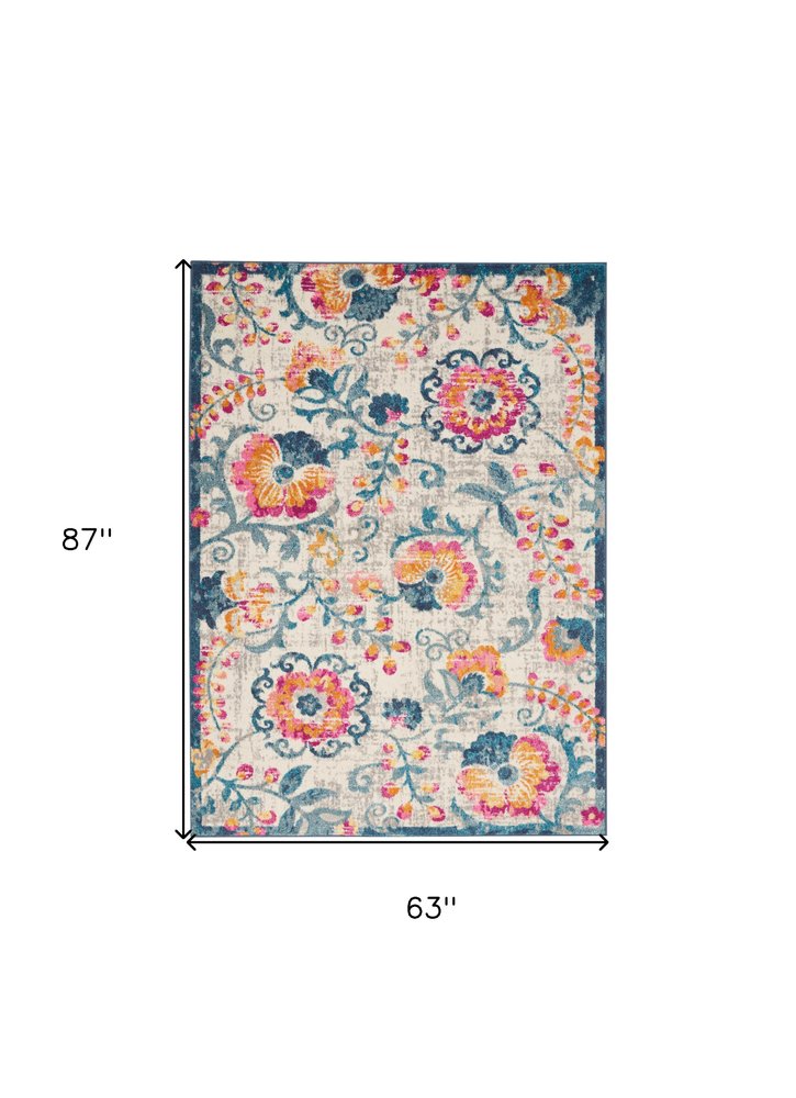 5' X 7' Ivory And Blue Floral Area Rug