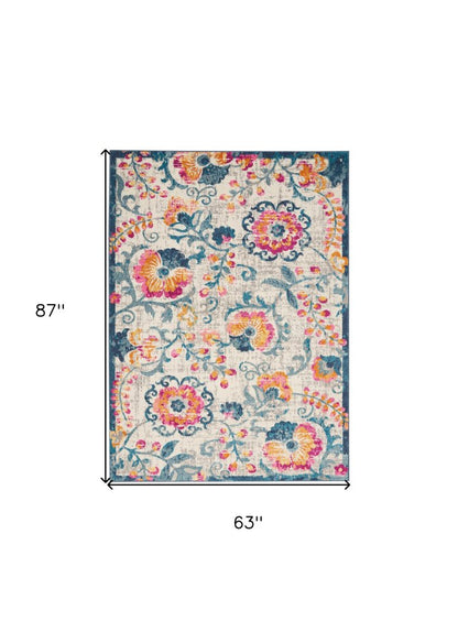 5' X 7' Ivory And Blue Floral Area Rug