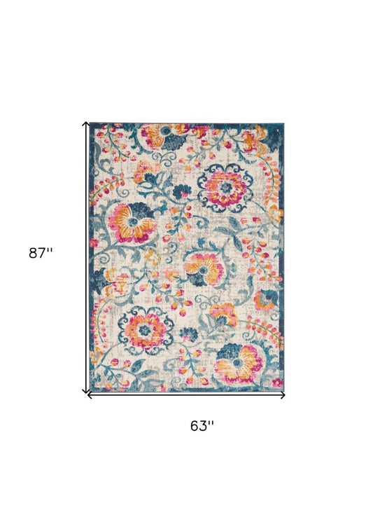 5' X 7' Ivory And Blue Floral Area Rug