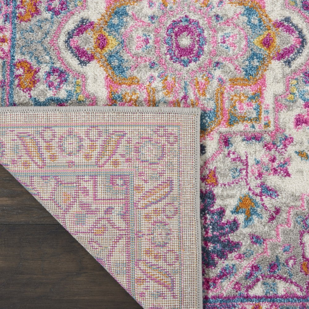 8' Light Gray And Pink Medallion Runner Rug