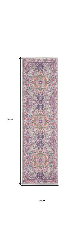 6' Light Gray And Pink Medallion Runner Rug