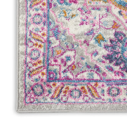 8' Light Gray And Pink Medallion Runner Rug