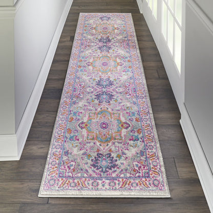 8' Light Gray And Pink Medallion Runner Rug