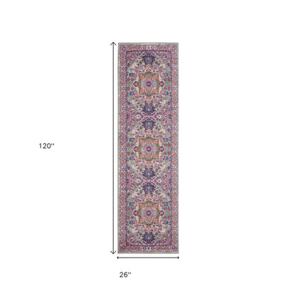 10' Light Gray And Pink Medallion Runner Rug