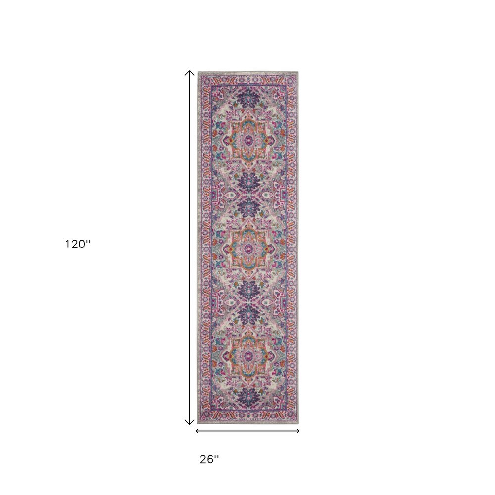 6' Light Gray And Pink Medallion Runner Rug