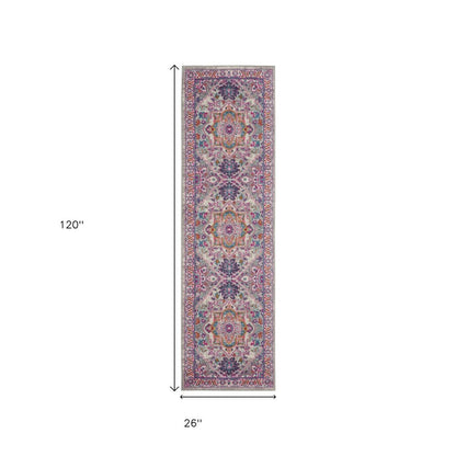 6' Light Gray And Pink Medallion Runner Rug