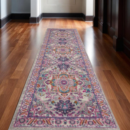 6' Light Gray And Pink Medallion Runner Rug