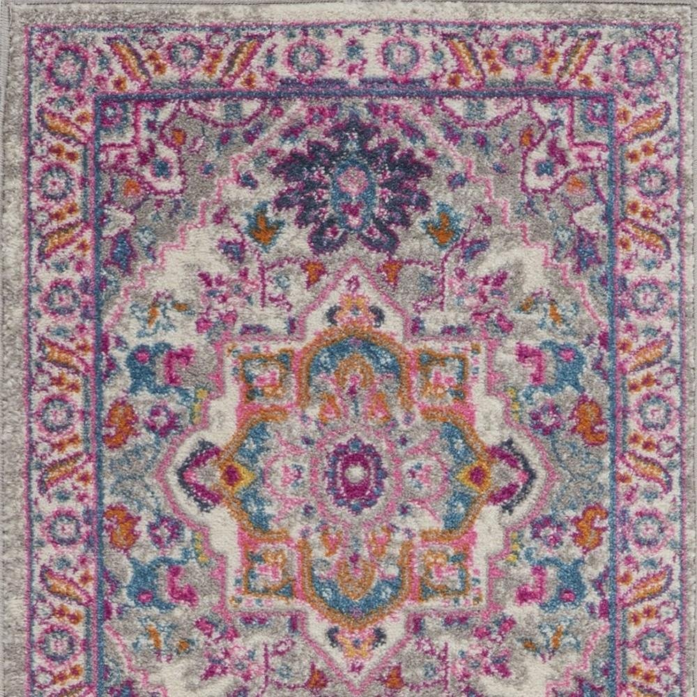 6' Light Gray And Pink Medallion Runner Rug