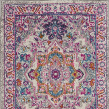 6' Light Gray And Pink Medallion Runner Rug