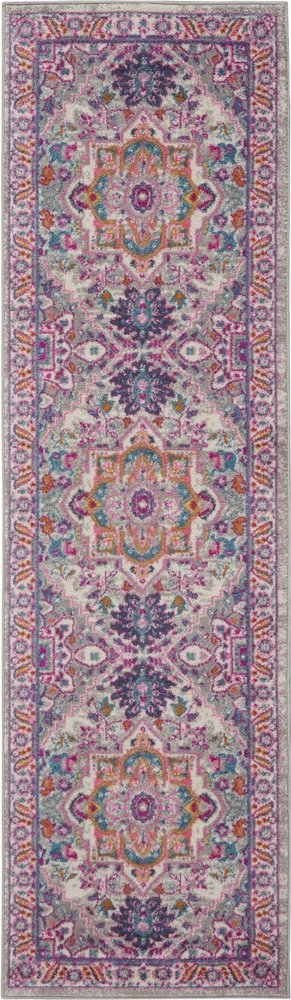 8' Light Gray And Pink Medallion Runner Rug