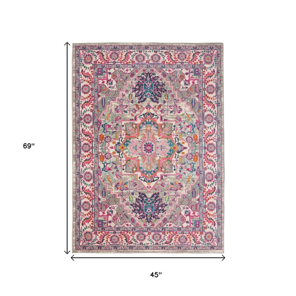 5' X 7' Light Gray And Pink Medallion Area Rug