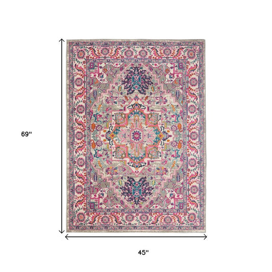 4' X 6' Light Gray And Pink Medallion Area Rug