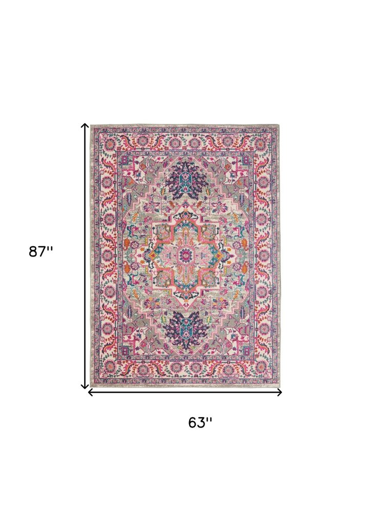 5' X 7' Light Gray And Pink Medallion Area Rug