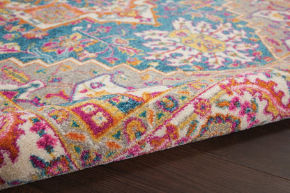 7' X 10' Teal And Ivory Medallion Distressed Area Rug