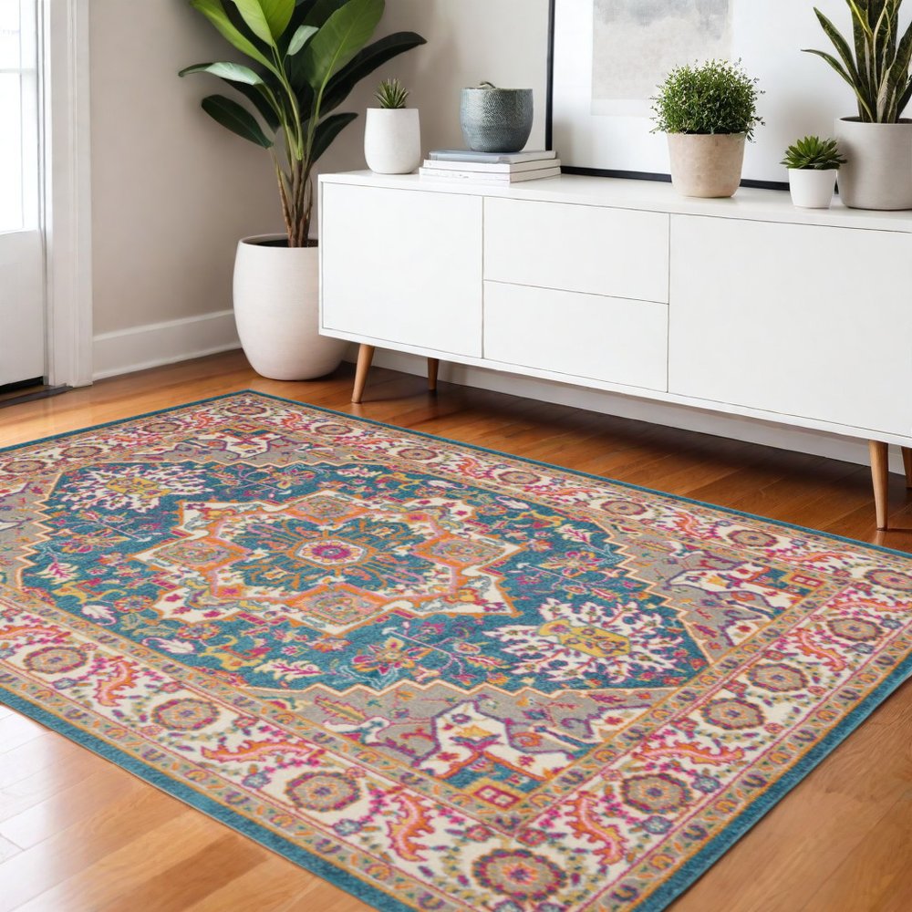 8' X 10' Teal And Ivory Medallion Distressed Area Rug