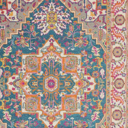 7' X 10' Teal And Ivory Medallion Distressed Area Rug
