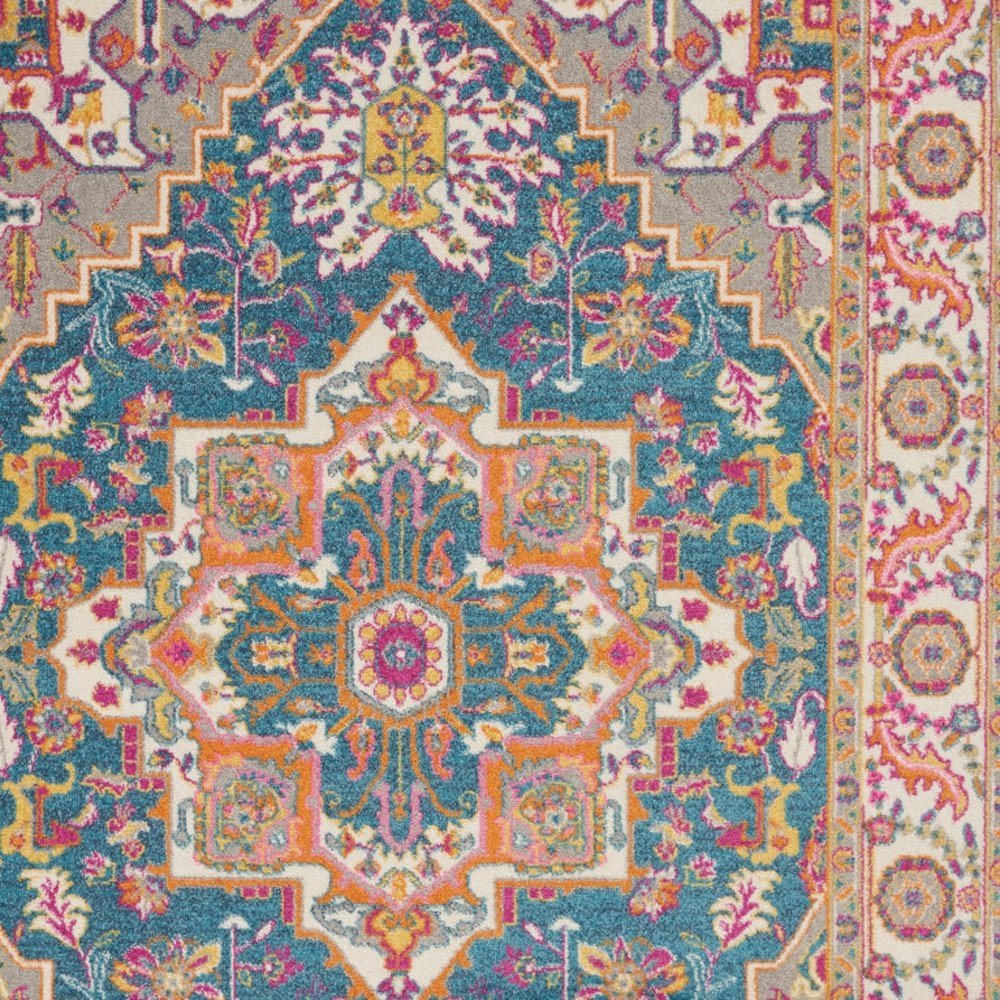 8' X 10' Teal And Ivory Medallion Distressed Area Rug