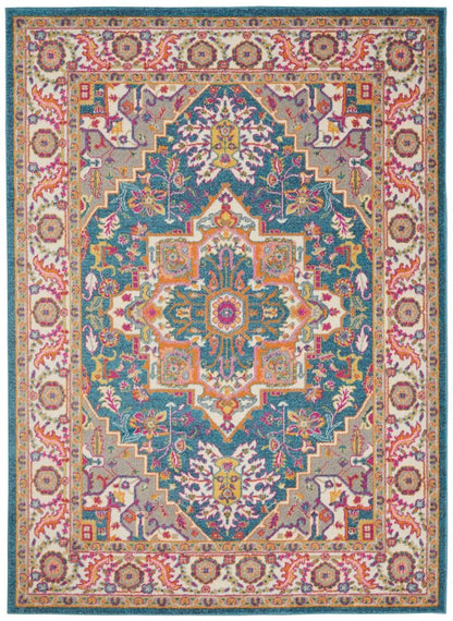 7' X 10' Teal And Ivory Medallion Distressed Area Rug