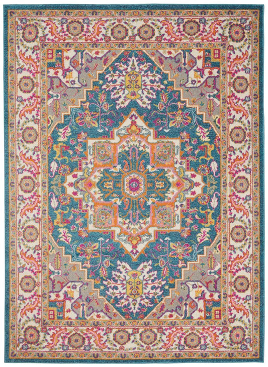 8' X 10' Teal And Ivory Medallion Distressed Area Rug