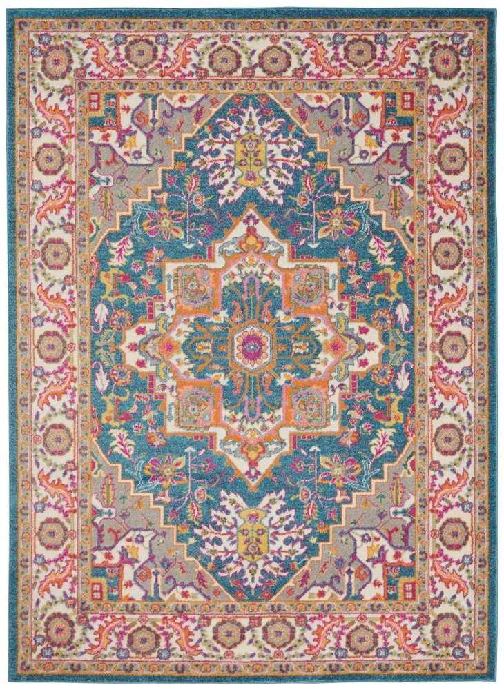 4' X 6' Teal And Ivory Medallion Distressed Area Rug
