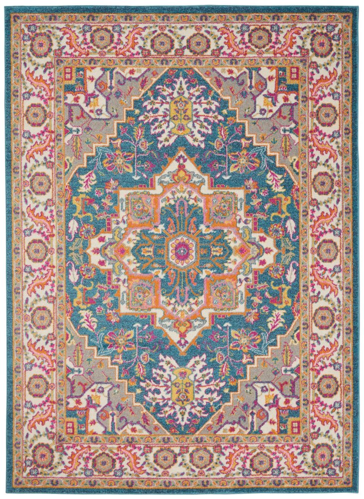 7' X 10' Teal And Ivory Medallion Distressed Area Rug