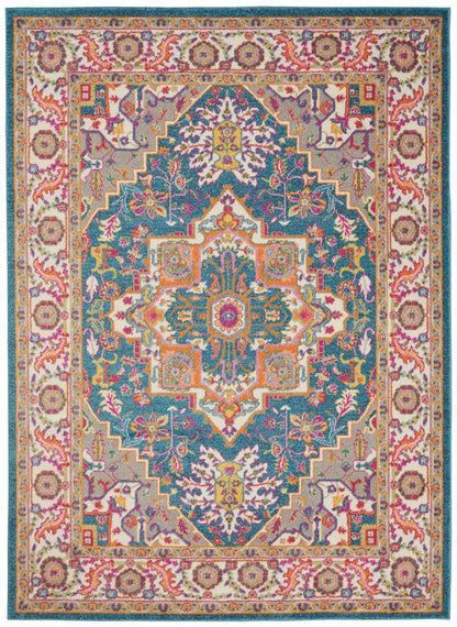 7' X 10' Teal And Ivory Medallion Distressed Area Rug