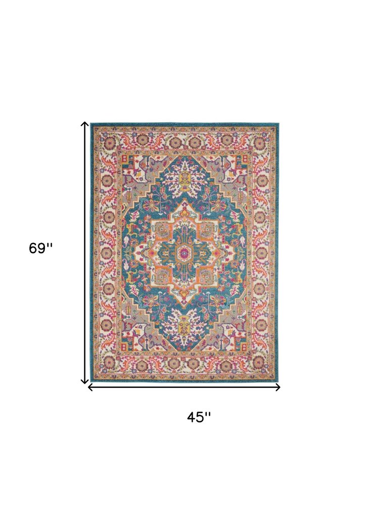 8' X 10' Teal And Ivory Medallion Distressed Area Rug