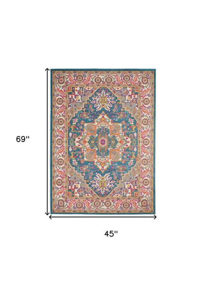 8' X 10' Teal And Ivory Medallion Distressed Area Rug