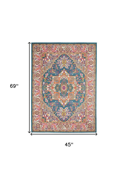 7' X 10' Teal And Ivory Medallion Distressed Area Rug