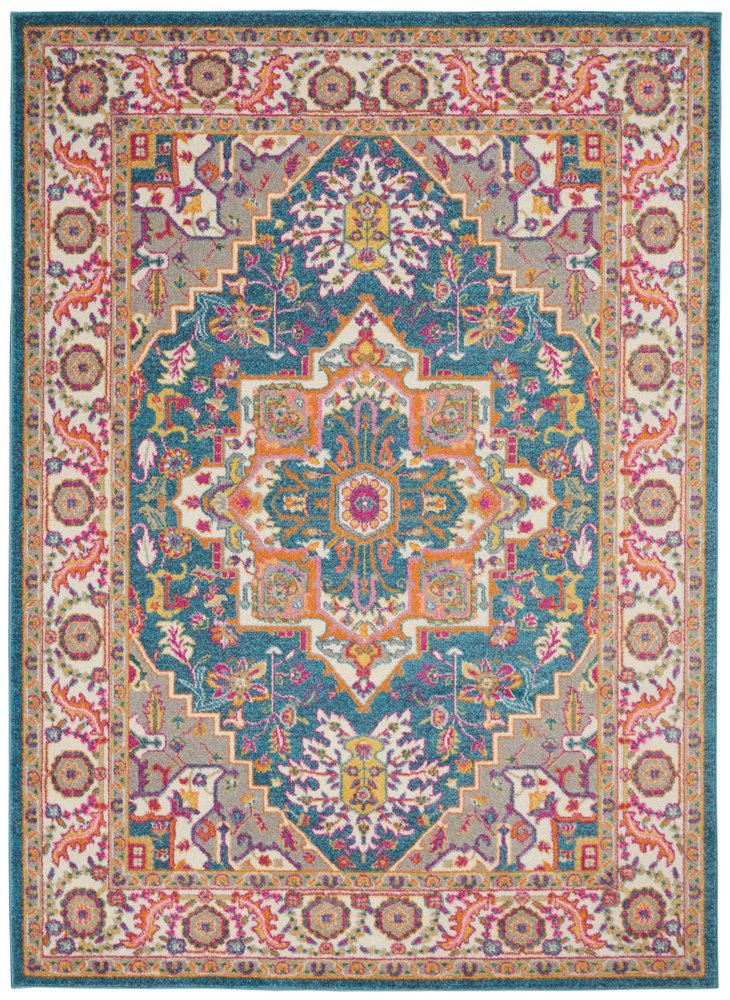 8' X 10' Teal And Ivory Medallion Distressed Area Rug