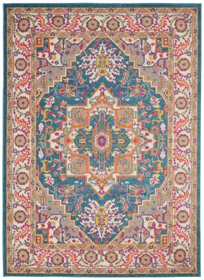 8' X 10' Teal And Ivory Medallion Distressed Area Rug