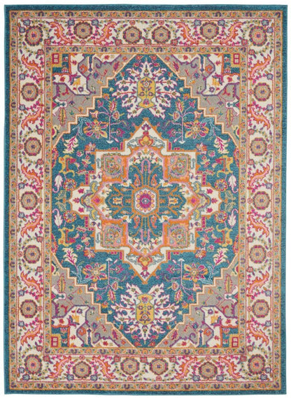7' X 10' Teal And Ivory Medallion Distressed Area Rug
