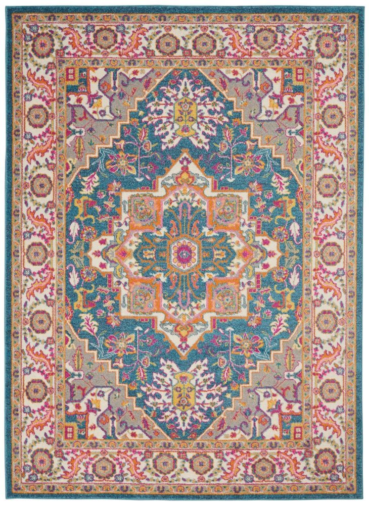 8' X 10' Teal And Ivory Medallion Distressed Area Rug